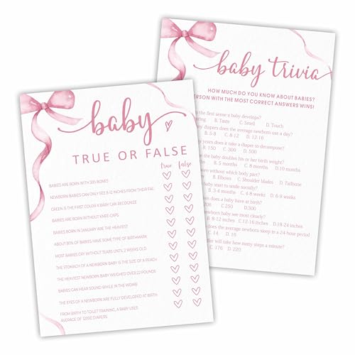 F04 Babyparty-Spiele-Set, 12,7 x 17,8 cm, 30 Stück, rosa Schleife, Baby True or False & Trivia, 2-in-1-Spielkarten mit Antwortkarte, für werdende Eltern, Baby-Ankündigung, Geschlechtsoffenbarung F04 Babyparty-Spiele-Set, 12,7 x 17,8 cm, 30 Stück, rosa Schleife, Baby True or False & Trivia, 2-in-1-Spielkarten mit Antwortkarte, für werdende Eltern, Baby-Ankündigung, Geschlechtsoffenbarung von YKYENR