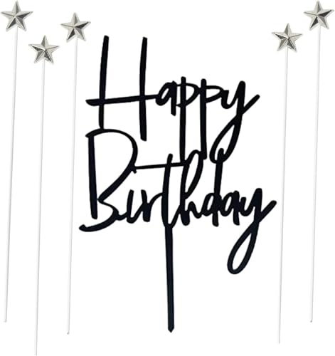 Happy Birthday Tortendeko, Schwarz Cake Topper und 5 Stück Silber Sterne Kuchendeko, Kuchen Topper für Babyparty Jubiläen Geburtstag Party Dekoration von YLMYOLEMEI