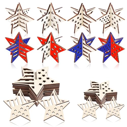 16 Stück Stern DIY 3D Holzausschnitte Unabhängigkeitstag Schilder Ornamente lackierbar unlackiertes Holz Unabhängigkeitstag Sterne zum Basteln, 2 Größen DIY Dekoration, für Tischdekoration, von YLOLUL
