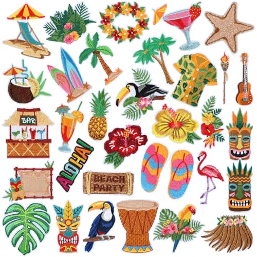 32 Stück Hawaiianische Luau-Aufnäher zum Aufbügeln, Aloha, tropische Palme, Tiki, bestickte Applikation, Sommer, Strand, Reparaturflicken, Basteln, festliche Geschenke für Kleidung, Hut, Hemd, Tasche, 32 Stück Hawaiianische Luau-Aufnäher zum Aufbügeln, Aloha, tropische Palme, Tiki, bestickte Applikation, Sommer, Strand, Reparaturflicken, Basteln, festliche Geschenke für Kleidung, Hut, Hemd, Tasche, von YLOLUL