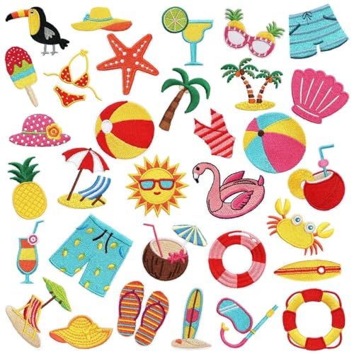 32 Stück Sommer Bügelbilder Niedlich Strand Thema Bikini Kokosnuss Sonnenbrille Hut Nähen auf bestickte Applikation Reparatur Patch DIY Handwerk Festliche Geschenke für Kleidung Hut Hemd Tasche Jeans von YLOLUL