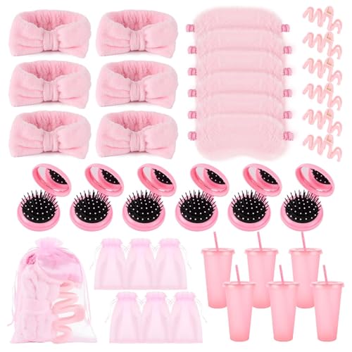 Spa-Übernachtungsparty-Zubehör für Mädchen, Make-up-Partyzubehör mit 6 Stirnband, 6 Augenmasken, 6 rosa Kunststoffbecher, 6 Spiegel, 6 Haarspangen, 6 Organza-Beutel für Frauen, Schlummerspa von YLOLUL