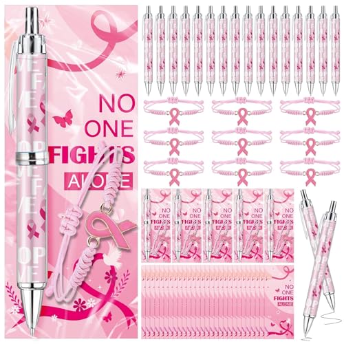 YLOLUL Brustkrebs-Bewusstseinszubehör, 25 Stifte, 25 rosa Schleife, verstellbare Armbänder, 25 Karten, 25 Krawatten und 25 selbstklebende Beutel für Frauen, Partygeschenk, Dekoration, 125 Stück von YLOLUL