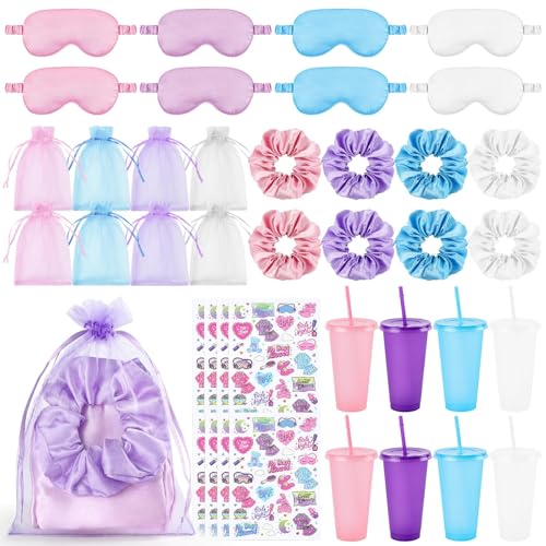 YLOLUL Spa-Übernachtungs-Partyzubehör für Mädchen, Make-up-Partyzubehör mit 8 Augenmasken, 8 Kunststoffbechern, 8 Aufklebern, 8 Haarseile, 8 Organza-Beutel für Frauen, Schlummerspa, Essentials von YLOLUL