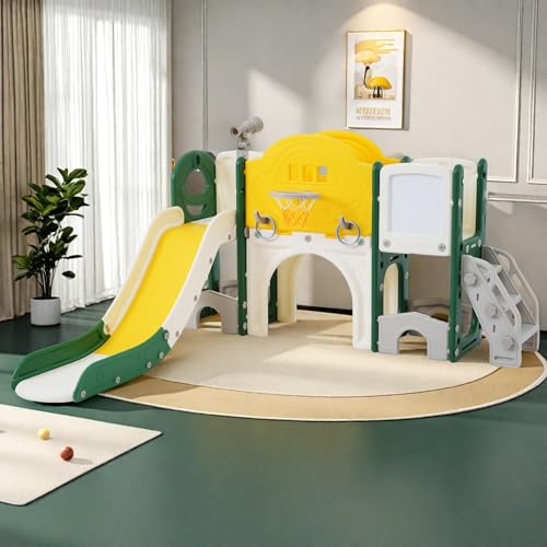 10 in 1 Kinderrutsche, Spielplatz mit Kletterleiter, Basketballkorb, Zeichenbrett, Teleskop, Stauraum, Spielset für drinnen und draußen (Gelb, 10 in 1) von YLSZHY