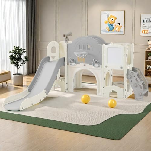 10 in 1 Kinderrutsche, Spielplatz mit Kletterleiter, Basketballkorb, Zeichenbrett, Teleskop, Stauraum, Spielset für drinnen und draußen (Grau, 10 in 1) von YLSZHY