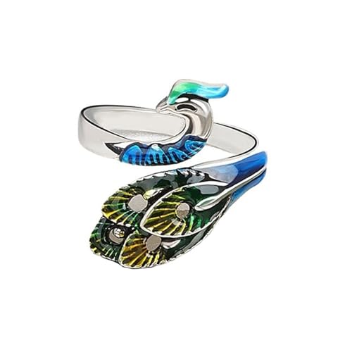 YLWX Schlichter Vintage-häkelringe for Finger, Dreidimensionale Silberne Pfauen-Crochet Ring Zum Häkeln, Wollband-Schmuck, Häkel Ring(Color:Peacock Color) von YLWX