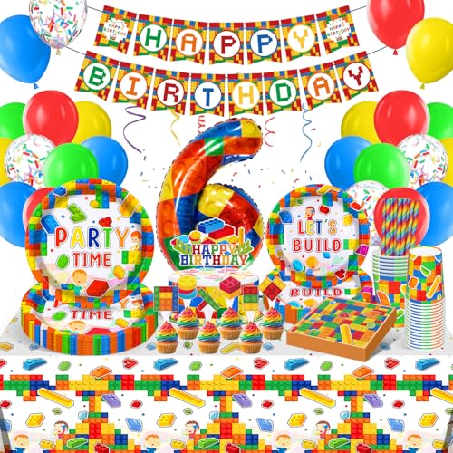 Baustein Kindergeburtstag Deko, 6 Jahre Bausteine Thema Partygeschirr Set mit Tischdecke Pappteller Becher Servietten Strohhalme, Bausteine Pappteller Kindergeburtstag Baustein Kindergeburtstag Deko, 6 Jahre Bausteine Thema Partygeschirr Set mit Tischdecke Pappteller Becher Servietten Strohhalme, Bausteine Pappteller Kindergeburtstag von YLXQJIN