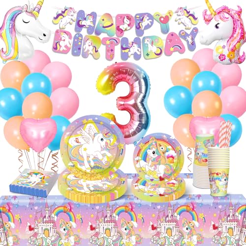 Einhorn Deko Kindergeburtstag, 3 Jahre Einhorn Geburtstagsdeko Mädchen, Einhorn Partygeschirr Set mit Einhorn Geburtstag Party Geschirr Luftballons Tassen Servietten Tischdecke für 10 Gäste von YLXQJIN
