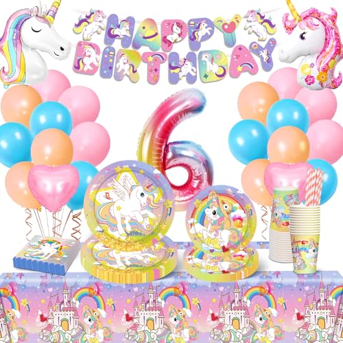 Einhorn Deko Kindergeburtstag, 6 Jahre Einhorn Geburtstagsdeko Mädchen, Einhorn Partygeschirr Set mit Einhorn Geburtstag Party Geschirr Luftballons Tassen Servietten Tischdecke für 10 Gäste von YLXQJIN