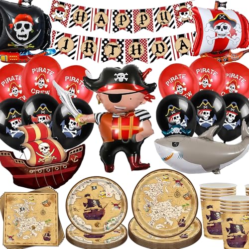 Piraten Deko Kindergeburtstag, 84 Stück Piraten Geburtstag Deko, Pirate Deko mit Große Piratenschiff Folienballon, Pirate Pappteller Tassen Servietten banner Luftballon für 16 Gäste von YLXQJIN