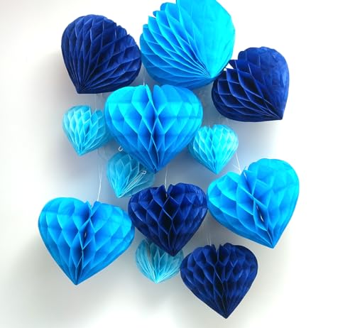 YLY's love Herzförmige Papier Wabenball Dekoration 12er Honeycomb Balls zum Aufhängen Seidenpapier schöne Dekor für Geburtstag Hochzeitsfest Babyshower Party Brautduschen (Blau Set) von YLY's love