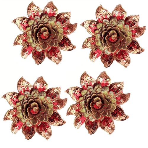 4 x bestickte Pailletten-Aufnäher, Blumenapplikation, DIY, Hochzeitskleider, Kleidung, Dekorationen, Zubehör (rot und goldfarben) von YM YOUMU