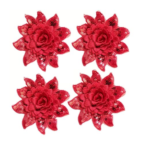 4 x bestickte Pailletten-Flicken mit Blumenapplikation, DIY, Hochzeitskleider, Kleidung, Dekorationen, Zubehör (rot) von YM YOUMU