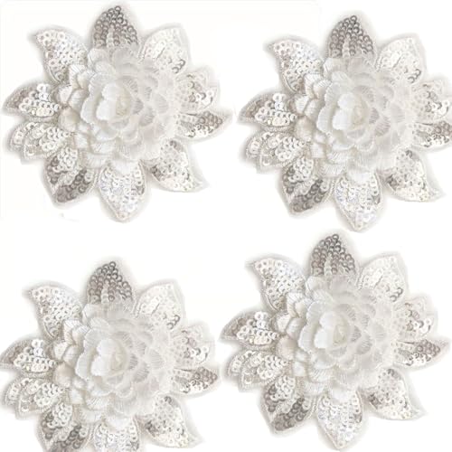 4 x bestickte Pailletten-Flicken mit Blumenapplikation, DIY, Hochzeitskleider, Kleidung, Dekorationen, Zubehör (weiß) von YM YOUMU
