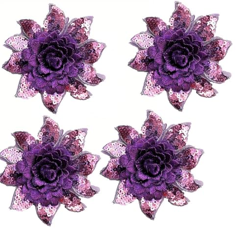 4 x bestickte Pailletten-Flicken mit Blumenapplikation, DIY-Hochzeitskleider, Kleidung, Dekorationen, Zubehör (lila) von YM YOUMU