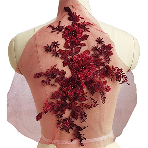 YM YOUMU 3D Spitze Applikation Perlen Blume Spitzenpatches Blumen Tüll Aufbügler zum Hochzeitskleid Kunsthandwerk (Burgund, EIN Stück) von YM YOUMU
