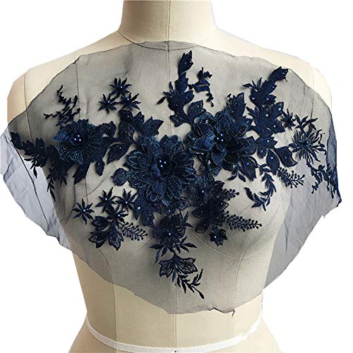 YM YOUMU 3D Spitze Applikation Perlen Blume Spitzenpatches Blumen Tüll Aufbügler zum Hochzeitskleid Kunsthandwerk (Navy Blau, EIN Stück) von YM YOUMU