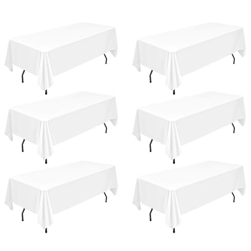 6 Packs weiße rechteckige Polyester-Tischdecke 60 x 102 Zoll Polyester-Stoff-Tischdecken, für Innen- und Außen 6 Ft rechteckige Tische, Hochzeit, Geburtstag, Party, Tischdekoration (152X260cm) von YMHPRIDE