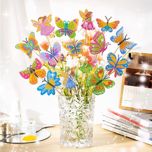 YMIFEEY 15 Stück Diamond Painting Schmetterling Fee Set, Diamond-Painting Kinder Erwachsene Bastelset, Garten Schmetterlinge Deko, Diamant Painting Frühling Blumenstecker, DIY Basteln Ornaments Kit von YMIFEEY