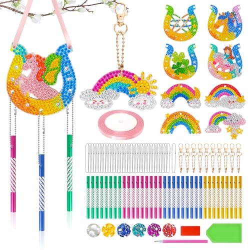 YMIFEEY Diamond Painting Hufeisen Regenbogen, 10 Stück Diamant Painting Windspiel Bastelset Kindergeburtstag Pferde Geburtstagsdeko Diamond-Painting Schlüsselanhänger für Kinder Party Handwerk (Bunt) von YMIFEEY
