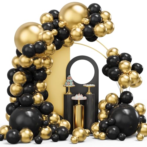 Luftballons Schwarz gold, Girlandenbogen-Set, 134 Stück metallische goldene und schwarze Luftballons in verschiedenen Größen für Abschlussfeier, Geburtstag, Jubiläum, Neujahr, Party-Dekorationen von YMSZ