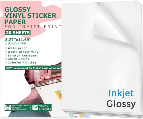 edruckbares Vinyl-Aufkleberpapier für Tintenstrahldrucker – glänzendes Weiß – 20 pcs wasserfeste Aufkleber-Papier, selbstklebende Blätter, 21,6 x 27,9 cm – trocknet schnell und hält Tinte schön von YMSZ