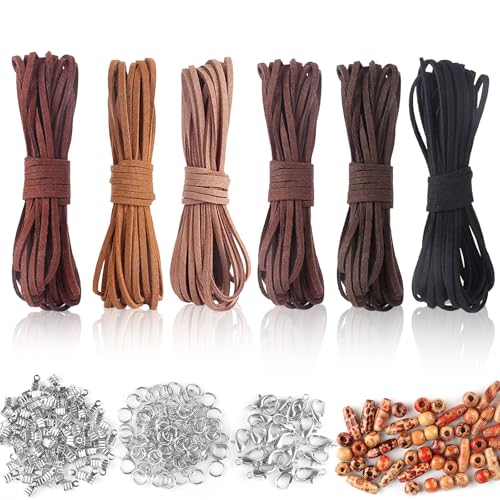 6 Farben Lederband 3mm, Flaches Lederschnur mit Verschluss und Makramee Perlen Lederbänder für Ketten 30M (5x6M) Leder Band für DIY Armband Halskette Handwerk Schmuck von YMTWSRY