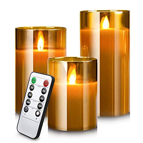 YMing LED Flammenlose Kerzen Flackern mit Fernbedienung und Timer, 4in 5in 6in, 3er-Set, batteriebetriebene elektrische Kerzen mit beweglichen Wick Dancing Flames, echte Wachssäulenkerzen mit Glass von YMing