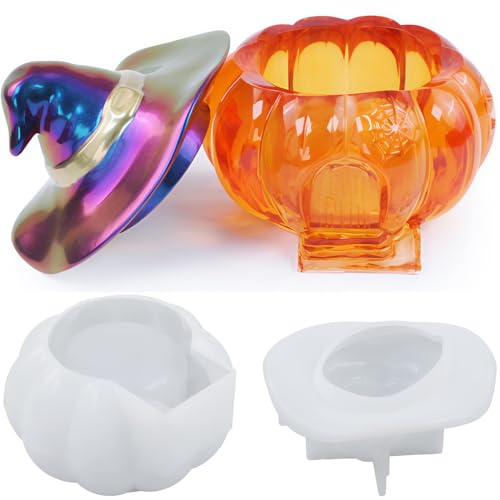 Halloween-Harzform für DIY-Epoxidharz, Halloween-Hexenkürbis-Box mit Deckel, Silikonform – Schmuck, Süßigkeiten, Seife, Kuchendekoration, Basteln – wiederverwendbar, spiegelnde Oberfläche, flexible von YNHIAG