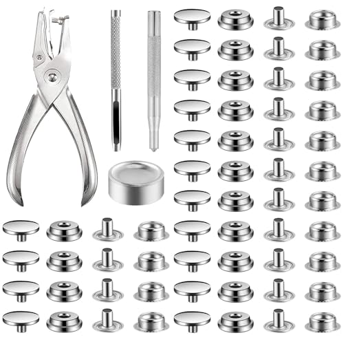 200 Stück Druckknopf Set mit Zange, Edelstahl Druckknopf, 15 mm Runde Metallknöpfe, mit 4 Montagewerkzeugen, für Knöpfe Ohne Nähen für Bootstaschen, Leder, DIY Kunsthandwerk (Silber) von YNHJQP