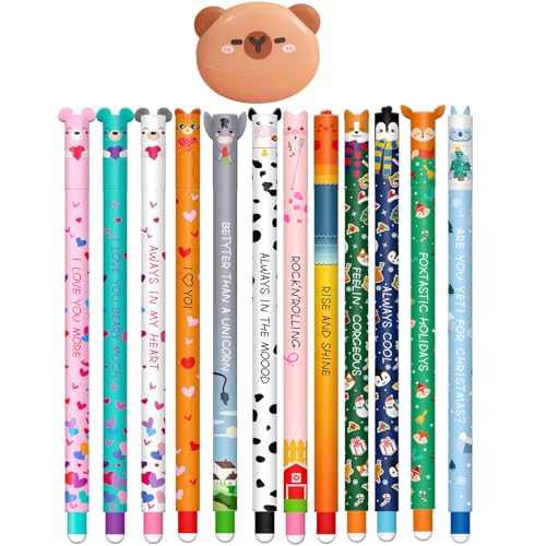 YNOUYRS Radierbarer Gelschreiber - 12PCS Radierbaren Gelstiften+Capybara-Radiergummi für löschbare Stifte Set, mit thermoempfindlicher Löschtinte, Tintenfarben und Schaftdesigns, 0,7 mm Spitze von YNOUYRS