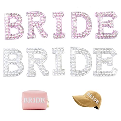 10 Stücke Glitzer Braut Strass Perlen Applikation Buchstaben, Buchstaben-Aufnäher, Strassstein Englischer Buchstabe BRIDE, für Kleidung Hüte Schuhe DIY-Bastelbedarf (Weiß, Rosa) von YNR