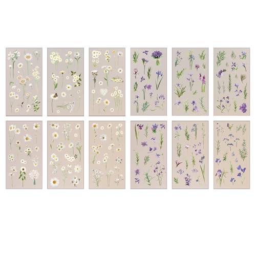 185 Stück wasserdichte Blumenaufkleber, transparente weiße Gänseblümchen und violette Iris, 12 Blatt Vinyl-Blumen-Themen-Aufkleber, natürliche Blumen, ästhetische Scrapbook-Aufkleber für DIY Handwerk von YNR
