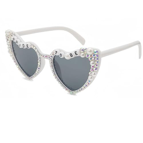 YNR Herzförmige Strass Perle Sonnenbrille Bride to Be Partyzubehör Weißer Rahmen Junggesellinnenabschied Brille von YNR