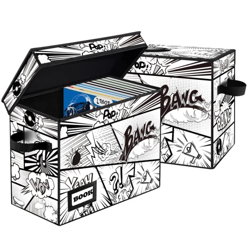 YNSZAS Comic-Bücher-Aufbewahrungsbox, Sammlung, 40,1 x 19,8 x 30 cm, zusammenklappbar, für 160–180 Comic-Bücher, kurze Box, Organizer, Behälterhalter, Regal (Cartoon-Bomben), 2 Stück von YNSZAS