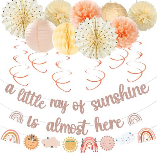 Boho Regenbogen Babyparty Dekorationen Papier Blume Bälle Set, A Little Ray of Sunshine Is Almost Here Banner, Boho Rainbow Garland Paper Lanterns Pom Poms Swirl for Women Baby Shower Party Supplies von YO PERREO SOLA