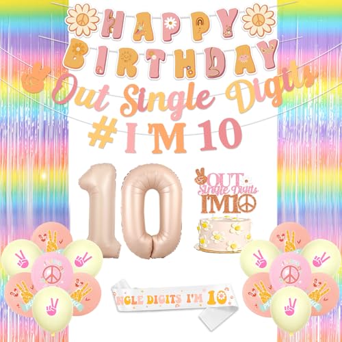 Dekoration zum 10. Geburtstag für Mädchen, groovige Dekoration zum 10. Geburtstag, Boho-Banner, Kuchenaufsatz und Regenbogen-Vorhang für Mädchen, Hippie-Retro-Boho-Thema, Party-Dekorzubehör Dekoration zum 10. Geburtstag für Mädchen, groovige Dekoration zum 10. Geburtstag, Boho-Banner, Kuchenaufsatz und Regenbogen-Vorhang für Mädchen, Hippie-Retro-Boho-Thema, Party-Dekorzubehör von YO PERREO SOLA