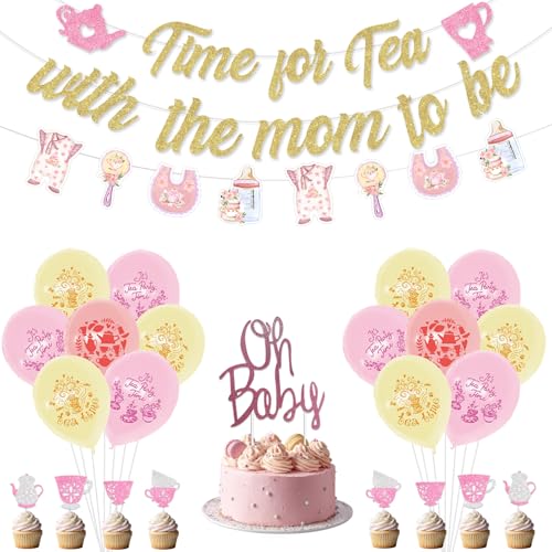 Tea With Mom To Be Babyparty-Set – Tee-Themen-Dekorationen mit Banner, Girlande, Kuchenaufsätze, Luftballons für Nachmittagstee, Babyparty, Schwangerschaftsankündigung, Party-Dekorationen von YO PERREO SOLA