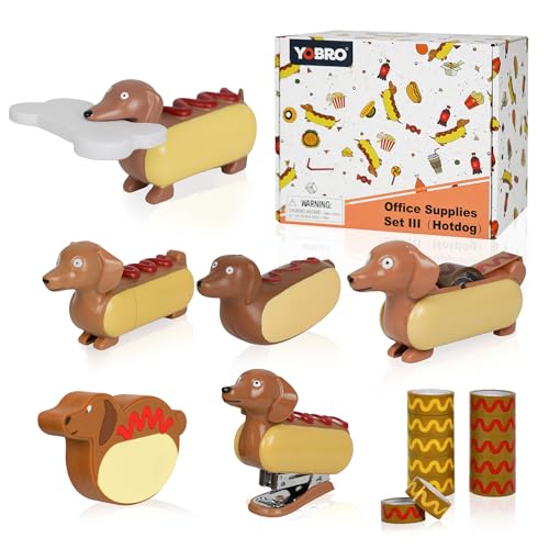 YOBRO Mini-Dackel-Hotdog-Bürobedarf-Set – 7-teiliges Schreibtisch-Organizer-Set mit Klebebandspender, Mini-Hefter und Quetsch-Hotdog, niedliche und funktionale Geschenke für Freunde, Kollegen und von YOBRO
