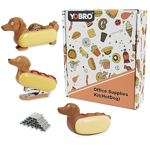 Yobro Schreibtisch Heftgerät Set, Bürobedarf Kit mit Klebebandspender & Mini Heftgerät, Miniatur Dackel Hot Dog Design mit Quetschspielzeug. von YOBRO