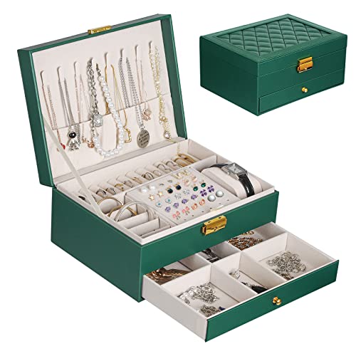 YOCOLE Schmuckkästchen, 2 Ebenen Schmuckaufbewahrung Schmuckschatulle Reise PU-Leder, Schmuck Organizers Damen Mädchen für Ringe, Ohrringe, Halsketten und Uhren, mit Schloss und Schlüssel, Dunkelgrün YOCOLE Schmuckkästchen, 2 Ebenen Schmuckaufbewahrung Schmuckschatulle Reise PU-Leder, Schmuck Organizers Damen Mädchen für Ringe, Ohrringe, Halsketten und Uhren, mit Schloss und Schlüssel, Dunkelgrün von YOCOLE