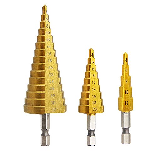 Stufenbohrer, Hex Shank Pagoda Bohrer, Hochgeschwindigkeitsbohrer, YOCZOX HSS Konusbohrer mit TITAN Beschichtung, Ideal für Holz, Kunststoff, Rigips, Metall etc. Ø 4-12mm, Ø 4-20mm, Ø 4-32mm, 3er Pack von YOCZOX
