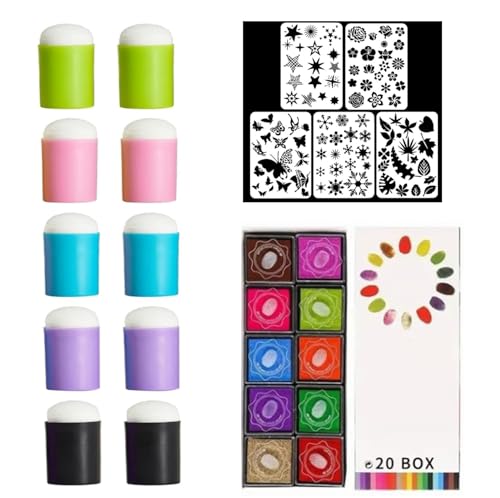 YODAOLI Sponge Finger Painting Kit, Coderafted DIY Sponge Finger Painting Set, Finger Sponge Daubers, Finger Daubers Kit with 20 Colors Inkpad, 5 Pcs Stencils and 10 Pcs Finger Painting Sponge (A) von YODAOLI