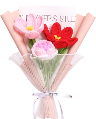 YOFANUP Häkelblumen, Häkelblumenstrauß, konservierte Blumen, fertige handgefertigte Blumen, rosa Rosen, rosa Tulpe, Häkelblumenstrauß für Muttertag YOFANUP Häkelblumen, Häkelblumenstrauß, konservierte Blumen, fertige handgefertigte Blumen, rosa Rosen, rosa Tulpe, Häkelblumenstrauß für Muttertag von YOFANUP