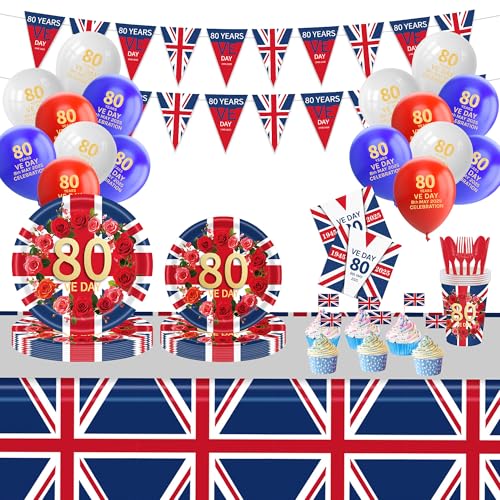 YOFANUP VE Day 80th Anniversary Decorations, 200 Pcs 2025 VE Day Party Supplies, Balloons & Bunting & Tablecloths & Reusable Tableware & Napkins & Toothpick Flags For Party von YOFANUP