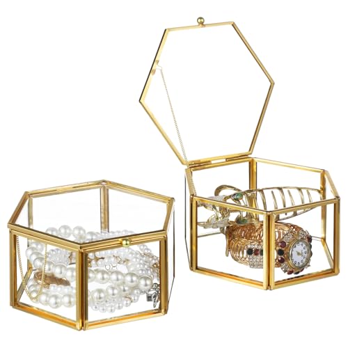 YOFAPA 2 Stück Glas-Schmuckschatullen, Vintage-Schmuck-Organizer, dekorative Schmuckkästen mit Deckel, Schreibtisch-Andenken-Aufbewahrungsboxen, Geschenkboxen für Ringe, Halsketten, Armbänder YOFAPA 2 Stück Glas-Schmuckschatullen, Vintage-Schmuck-Organizer, dekorative Schmuckkästen mit Deckel, Schreibtisch-Andenken-Aufbewahrungsboxen, Geschenkboxen für Ringe, Halsketten, Armbänder von YOFAPA
