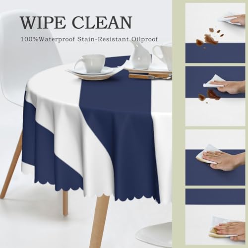 Mitternachtsblau und weiß gestreift, runde Tischdecke, 4,44 m, Flecken- und knitterresistent, waschbare Tischdecke aus Polyester von YOFIEN