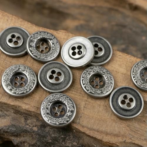 10 Stück Vintage Vine 4-Loch-Metallknöpfe für Hemd-/Anzugdekor, 3 Größen (11,5/15/20 mm), Bronze und Silber, rustikale Nähknöpfe-Silber-15 mm-0,59 Zoll-10 Stück von YOGAES