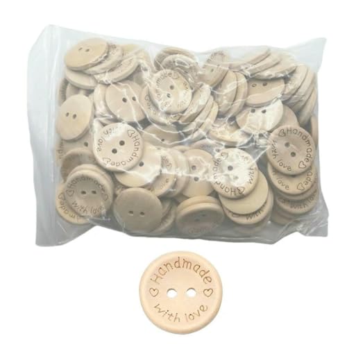 100/140 Stück Holzknöpfe in verschiedenen Größen, Natur-Khaki, handgefertigt mit Liebe, Etiketten zum Nähen, Basteln, DIY-Kleidungszubehör-L-100 Stück von YOGAES